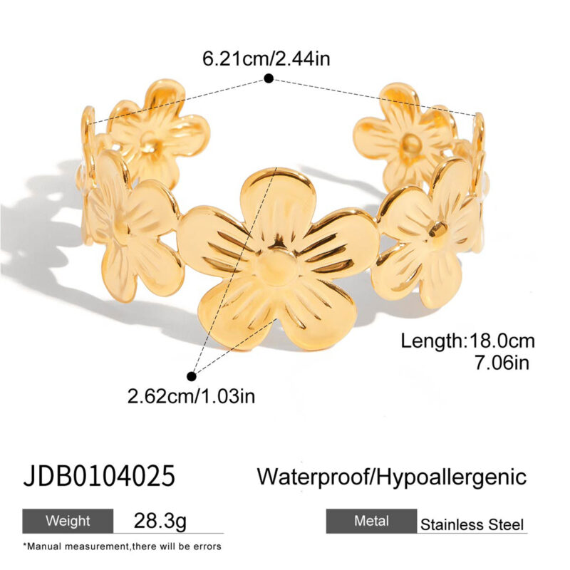 18K Gold Flower Bangle Minimalist Open Cuff Bracelet Design - Image 5