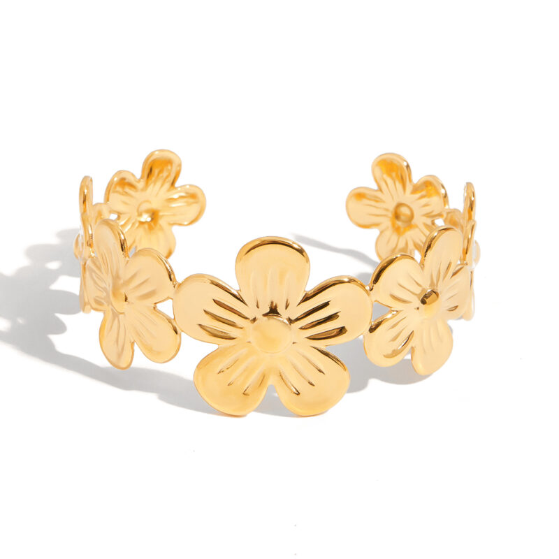 18K Gold Flower Bangle Minimalist Open Cuff Bracelet Design