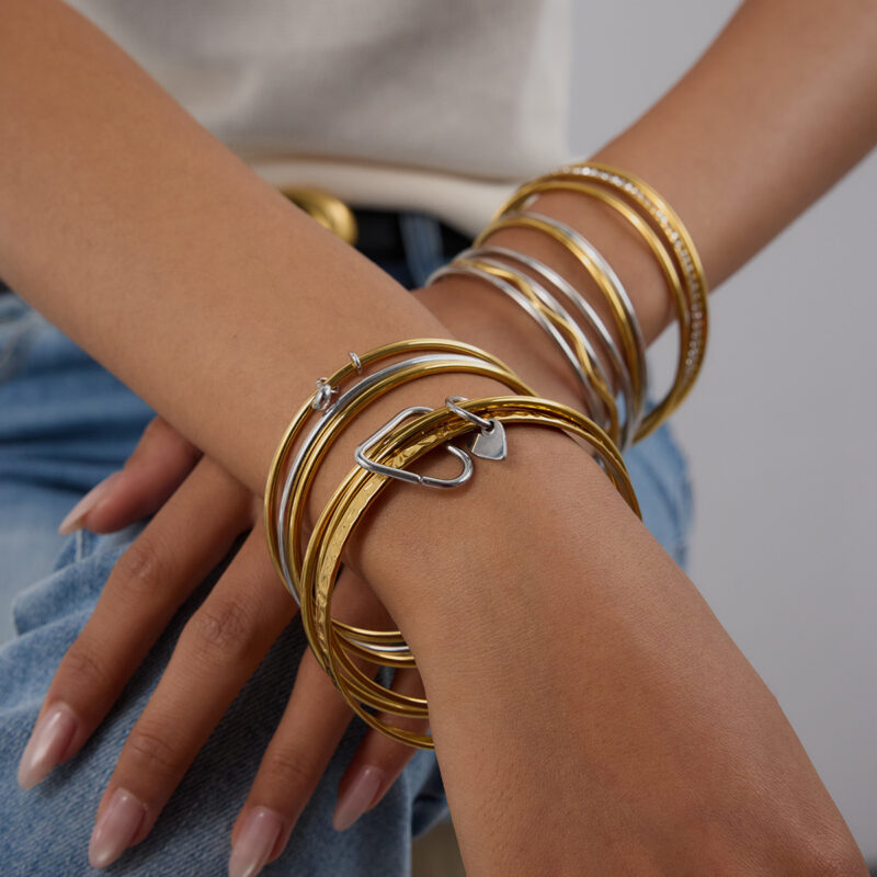18K Gold Silver Bangle Minimalist Round Wave Layer Design - Image 6
