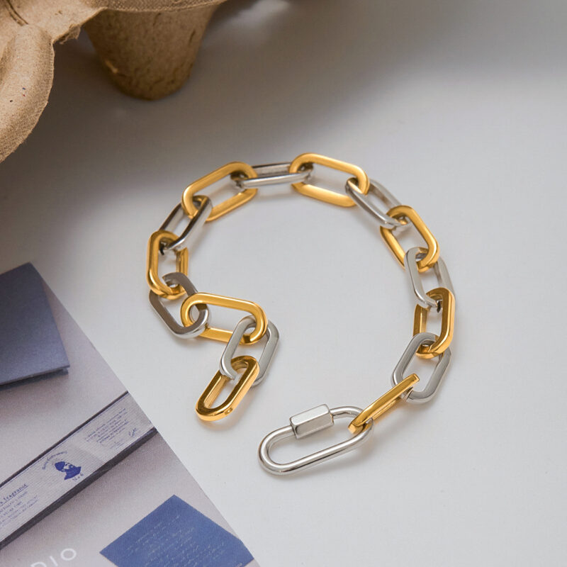 18K Gold Silver Paperclip Bracelet Two Tone Clasp Style - Image 3