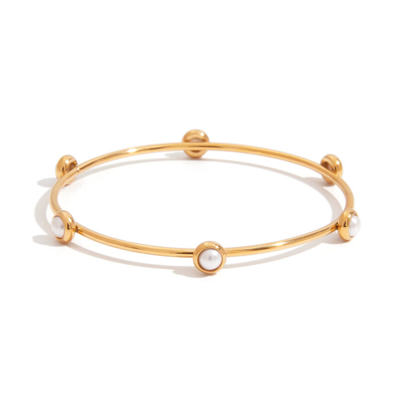 18K Gold Pearl Bangle High Shine Round Classic Design