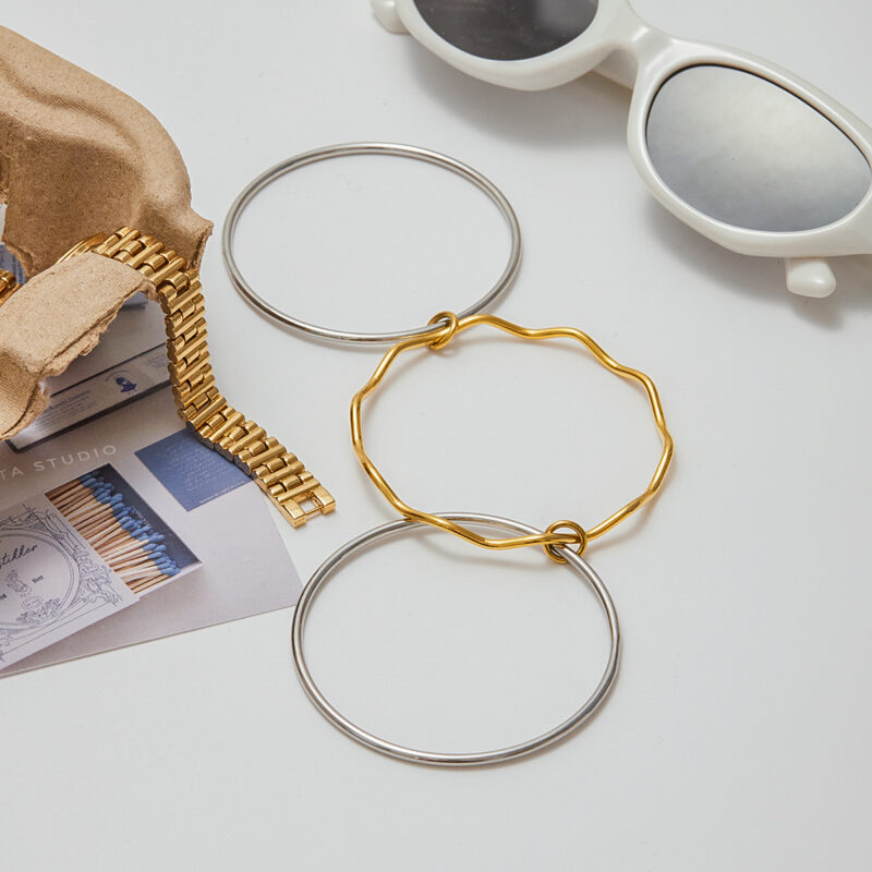 18K Gold Silver Bangle Minimalist Round Wave Layer Design - Image 4