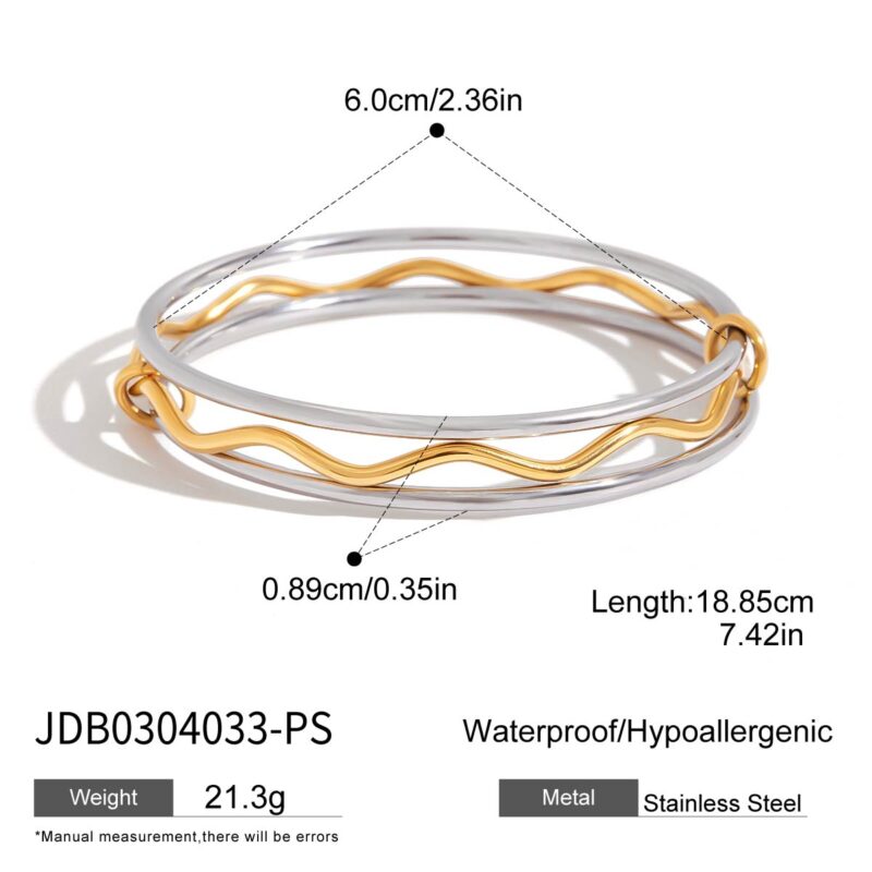 18K Gold Silver Bangle Minimalist Round Wave Layer Design - Image 7