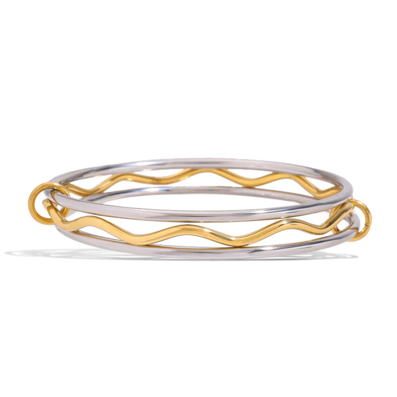 18K Gold Silver Bangle Minimalist Round Wave Layer Design - Image 2