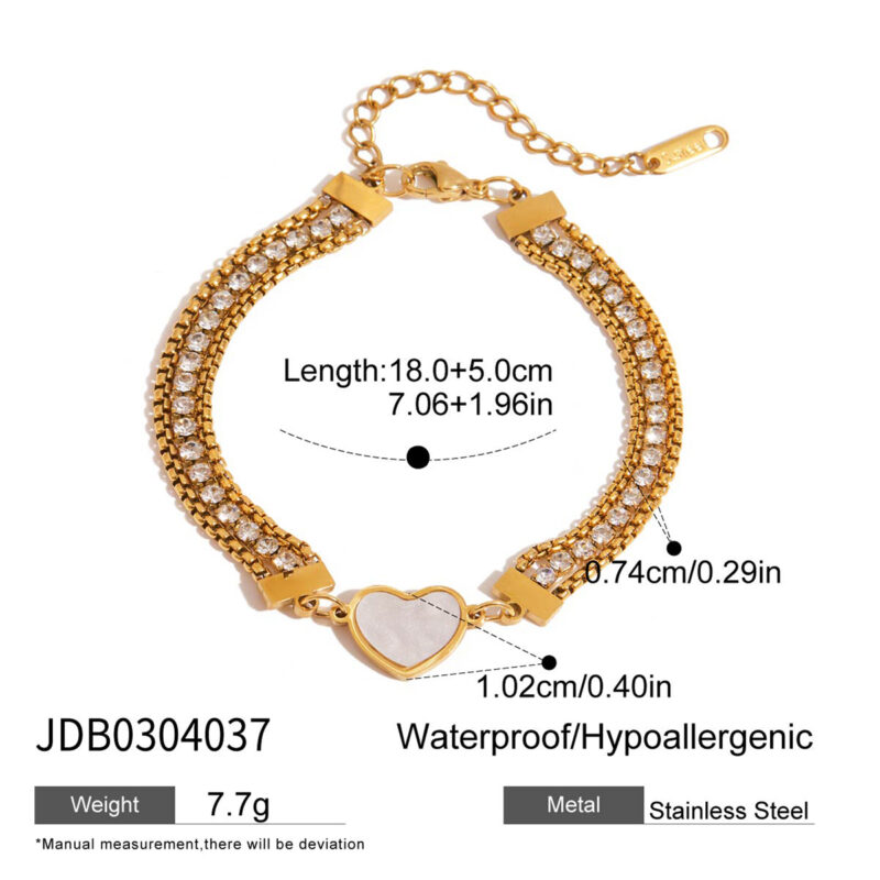 18K Gold Shell Heart Bracelet Triple Layer White Zircon - Image 5