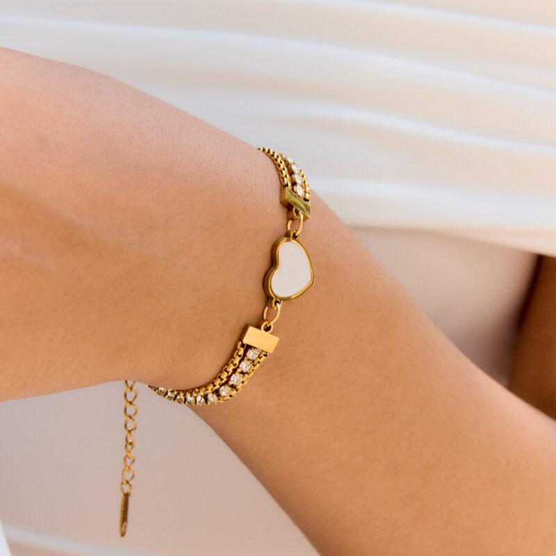 18K Gold Shell Heart Bracelet Triple Layer White Zircon - Image 4