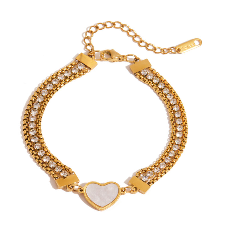 18K Gold Shell Heart Bracelet Triple Layer White Zircon