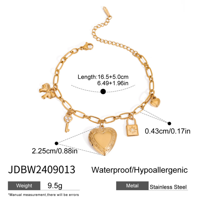 18K Gold Stainless Steel Charm Bracelet with Bow, Key & Heart Locket - Image 5