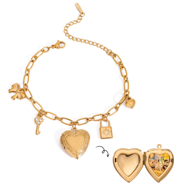 18K Gold Stainless Steel Charm Bracelet with Bow, Key & Heart Locket - Image 4