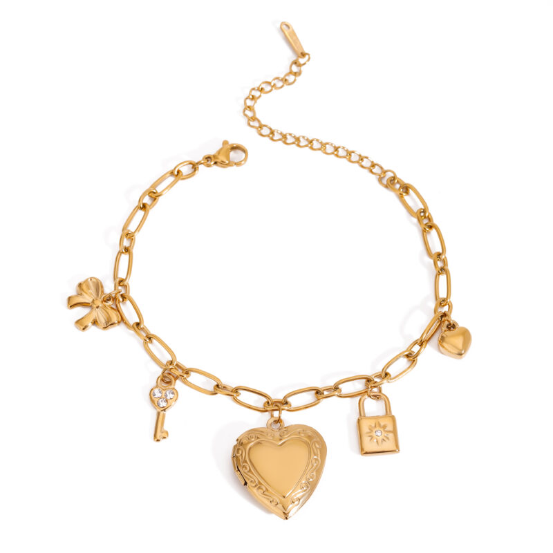 18K Gold Stainless Steel Charm Bracelet with Bow, Key & Heart Locket