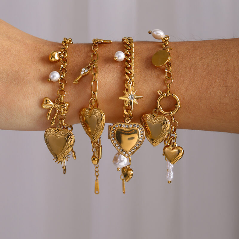 18K Gold Stainless Steel Charm Bracelet with Bow, Key & Heart Locket - Image 2