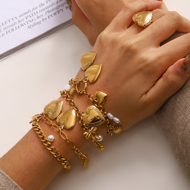 18K Gold Stainless Steel Charm Bracelet with Bow, Key & Heart Locket - Image 3