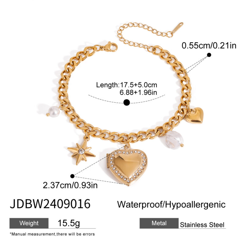 18K Gold Stainless Steel Chunky Chain Bracelet with Pearls, Heart & Star Charms - Image 5