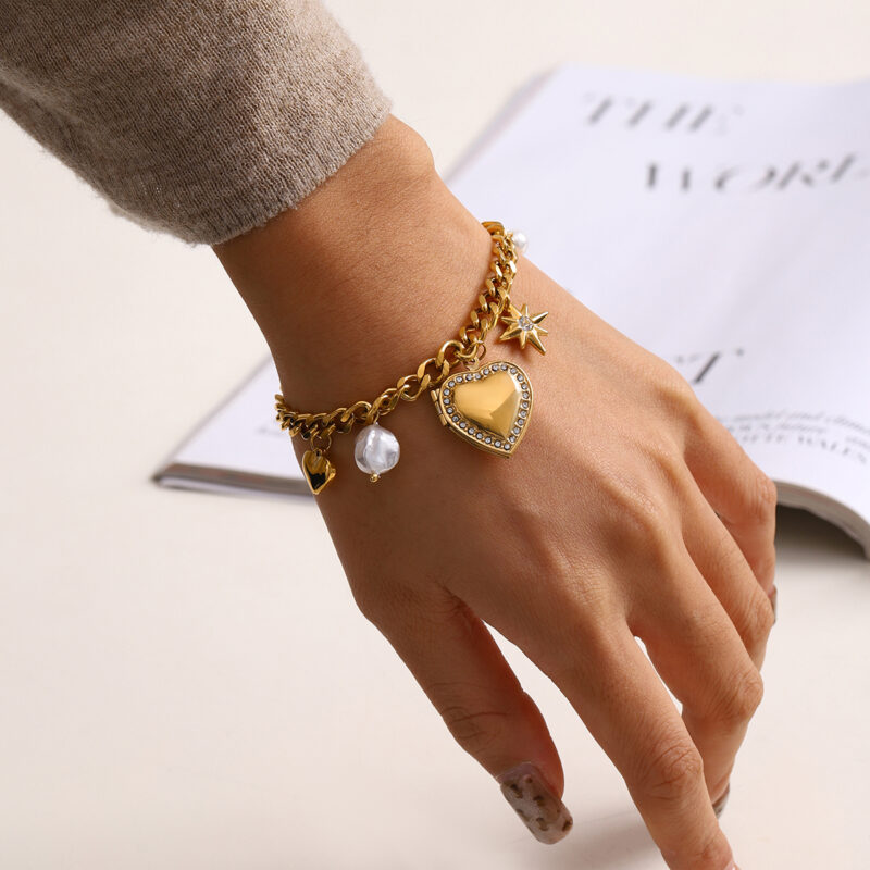 18K Gold Stainless Steel Chunky Chain Bracelet with Pearls, Heart & Star Charms - Image 3
