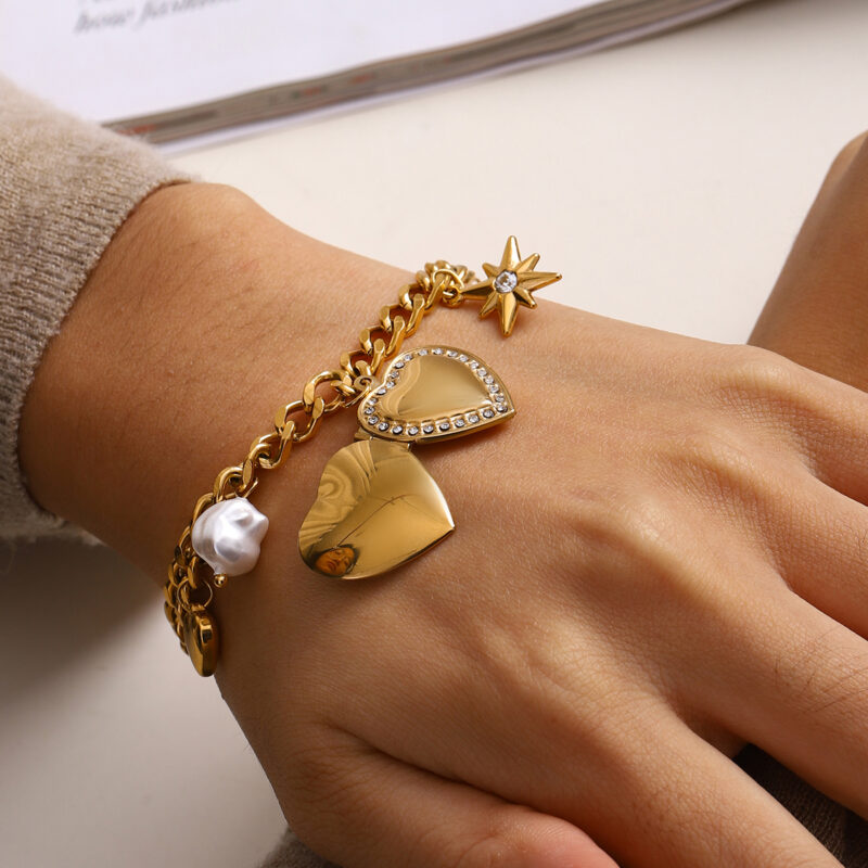 18K Gold Stainless Steel Chunky Chain Bracelet with Pearls, Heart & Star Charms - Image 2