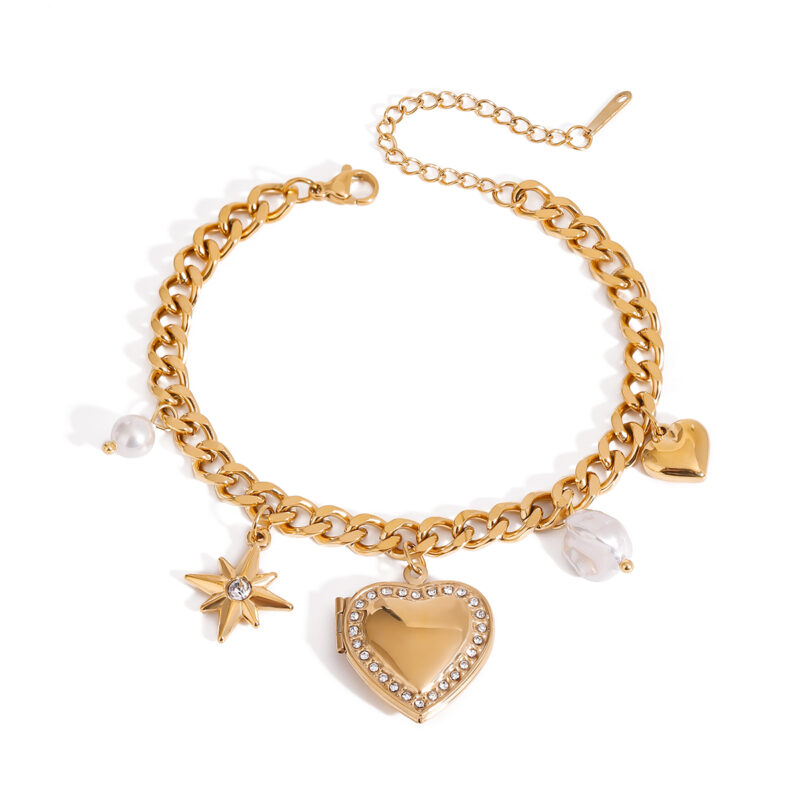 18K Gold Stainless Steel Chunky Chain Bracelet with Pearls, Heart & Star Charms