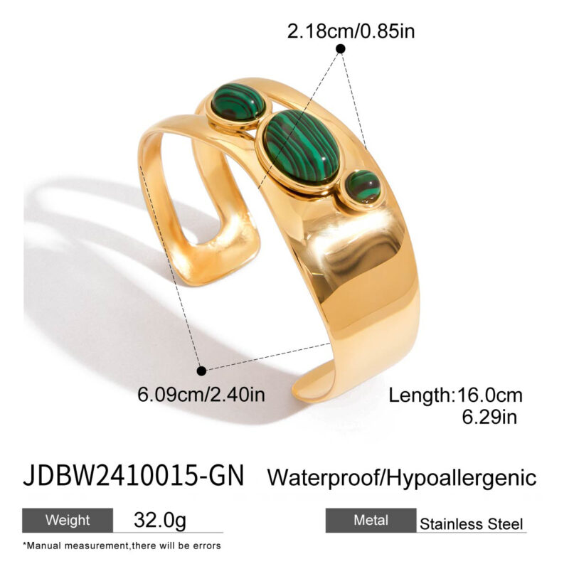 18K Gold Bangle Malachite Cutout Cuff Polished Retro Design - Image 5