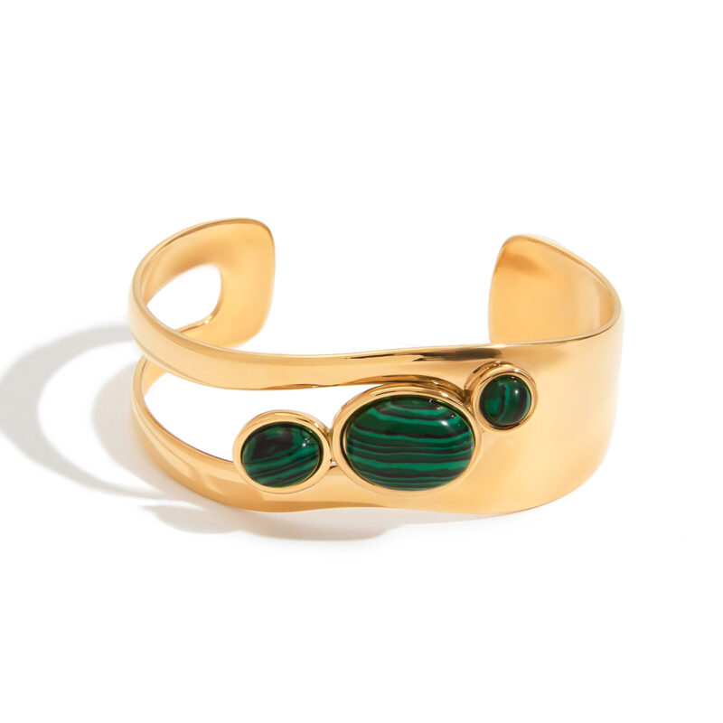 18K Gold Bangle Malachite Cutout Cuff Polished Retro Design - Image 2