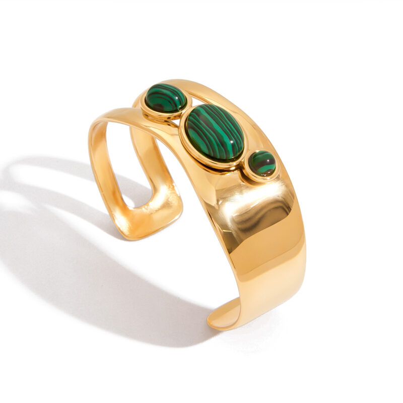 18K Gold Bangle Malachite Cutout Cuff Polished Retro Design