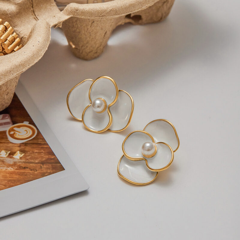 18K Gold Flower Earrings White Enamel Four Petal Drop Style - Image 2