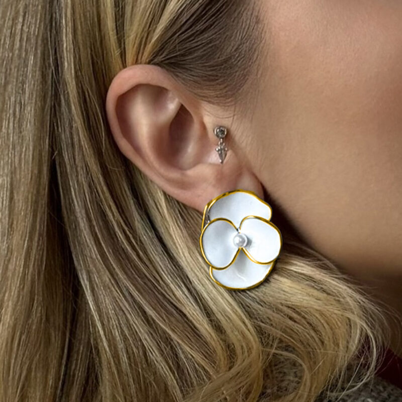 18K Gold Flower Earrings White Enamel Four Petal Drop Style - Image 5