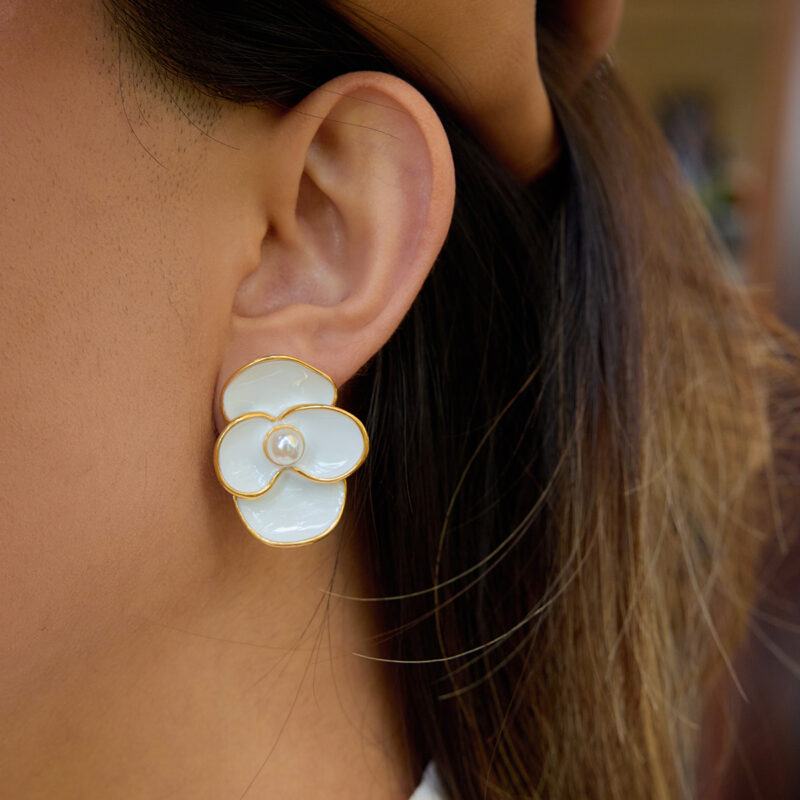 18K Gold Flower Earrings White Enamel Four Petal Drop Style - Image 3