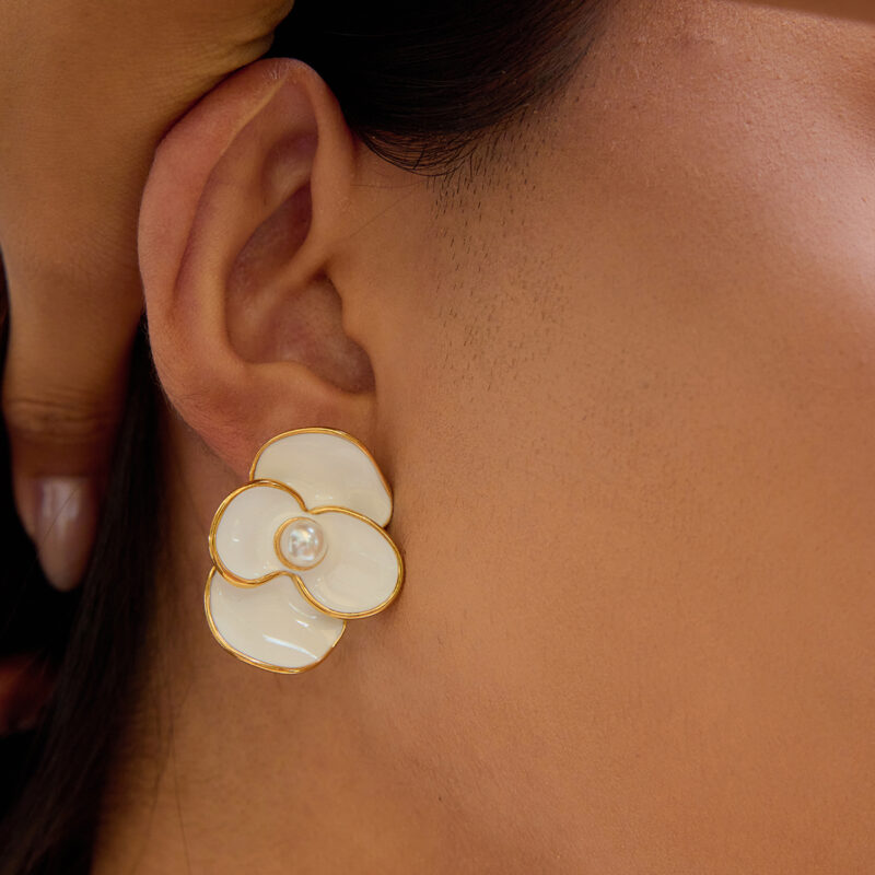 18K Gold Flower Earrings White Enamel Four Petal Drop Style - Image 4
