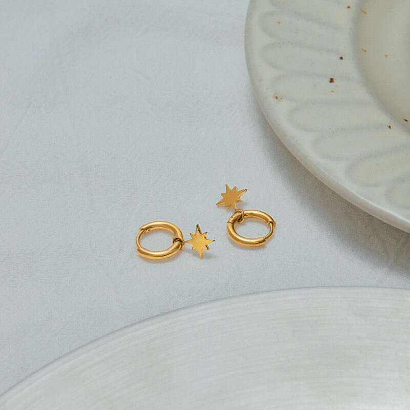 18K Gold Star Earrings White Crystal Drop Pendant Design - Image 4
