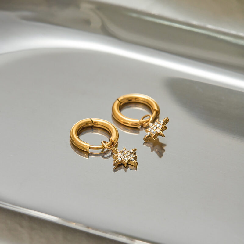 18K Gold Star Earrings White Crystal Drop Pendant Design - Image 3