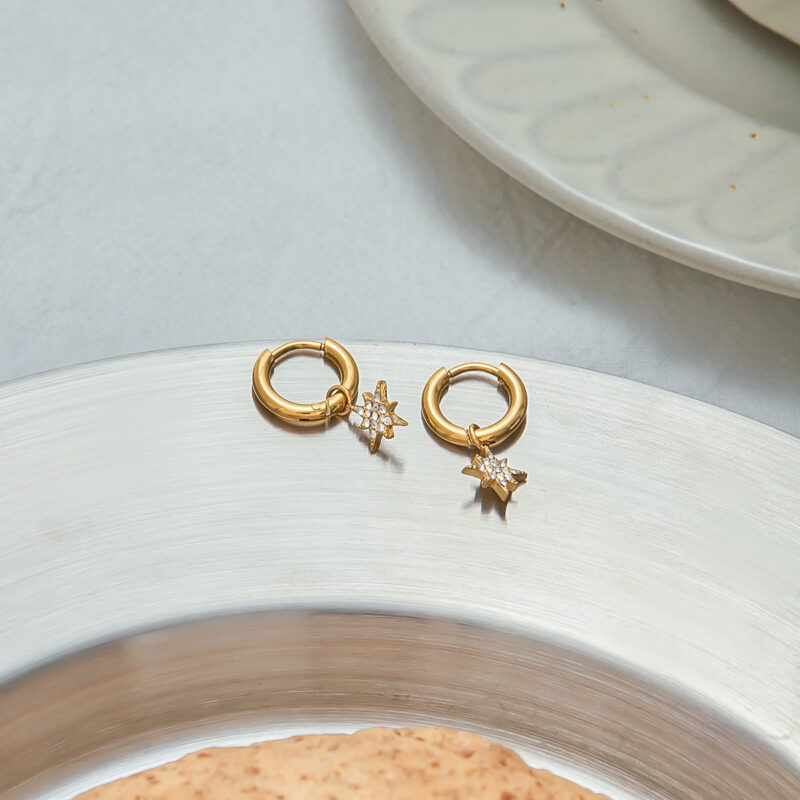 18K Gold Star Earrings White Crystal Drop Pendant Design - Image 2
