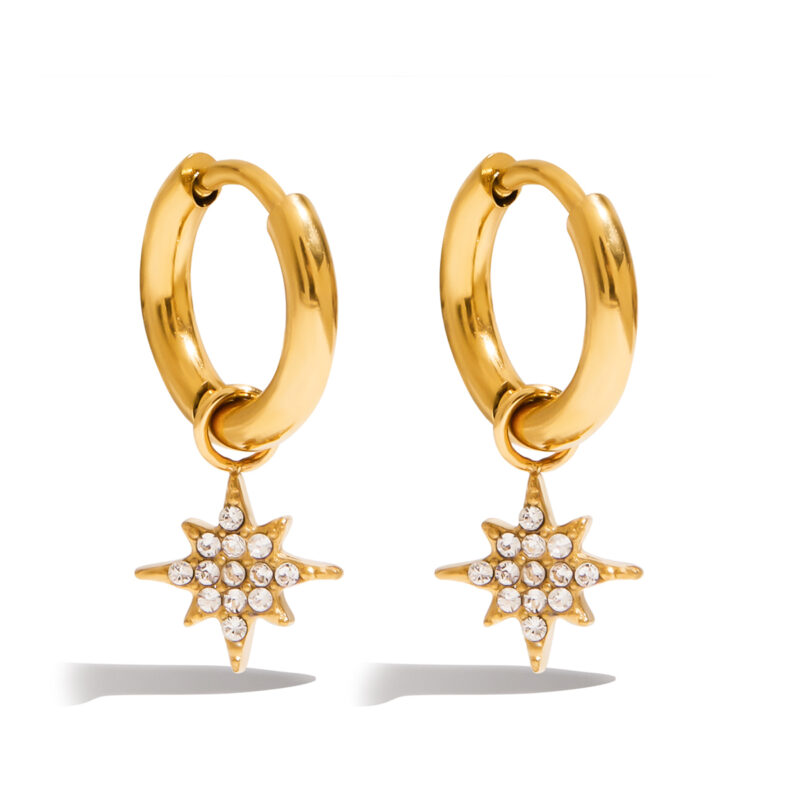 18K Gold Star Earrings White Crystal Drop Pendant Design