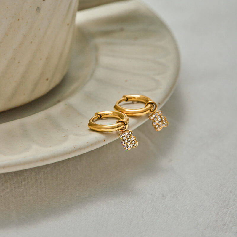 18K Gold Bear Earrings White Crystal Drop Pendant Design - Image 2