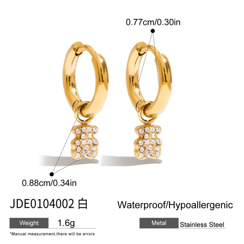 18K Gold Bear Earrings White Crystal Drop Pendant Design - Image 5