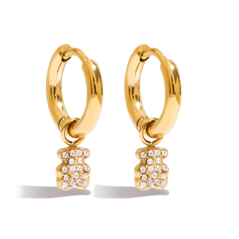 18K Gold Bear Earrings White Crystal Drop Pendant Design