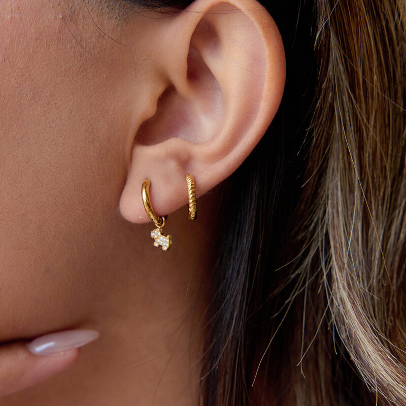 18K Gold Dog Earrings White Crystal Drop Pendant Design - Image 3