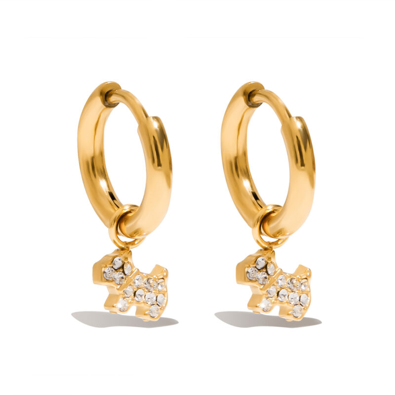 18K Gold Dog Earrings White Crystal Drop Pendant Design