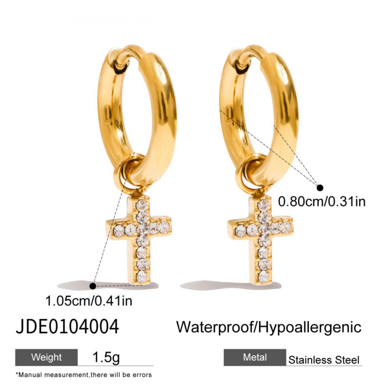 18K Gold Cross Earrings White Crystal Drop Classic Design - Image 5