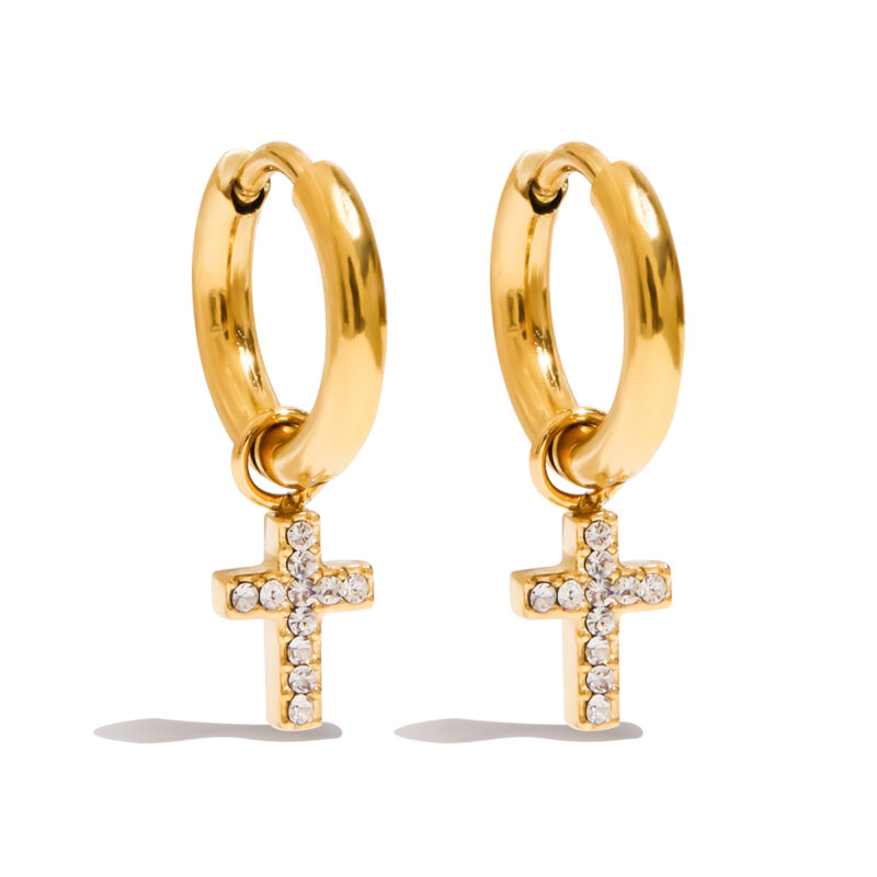 18K Gold Cross Earrings White Crystal Drop Classic Design