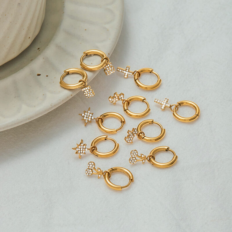 18K Gold Cross Earrings White Crystal Drop Classic Design - Image 3