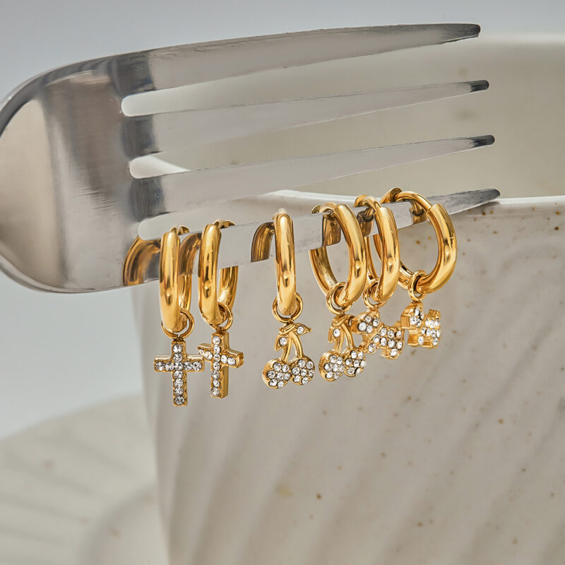 18K Gold Cross Earrings White Crystal Drop Classic Design - Image 4