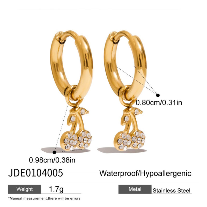18K Gold Cherry Earrings White Crystal Drop Classic Style - Image 5