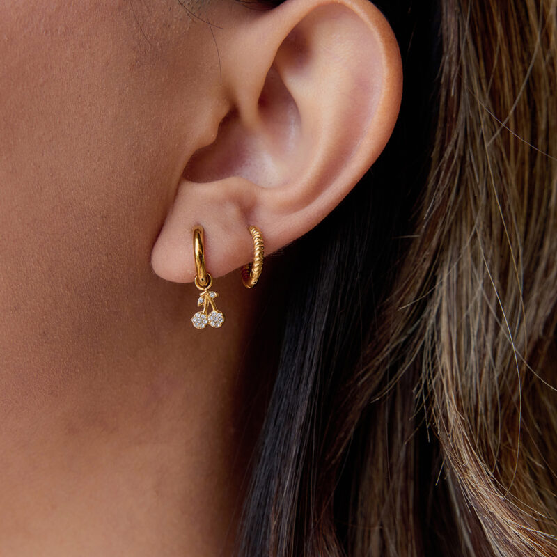 18K Gold Cherry Earrings White Crystal Drop Classic Style - Image 2