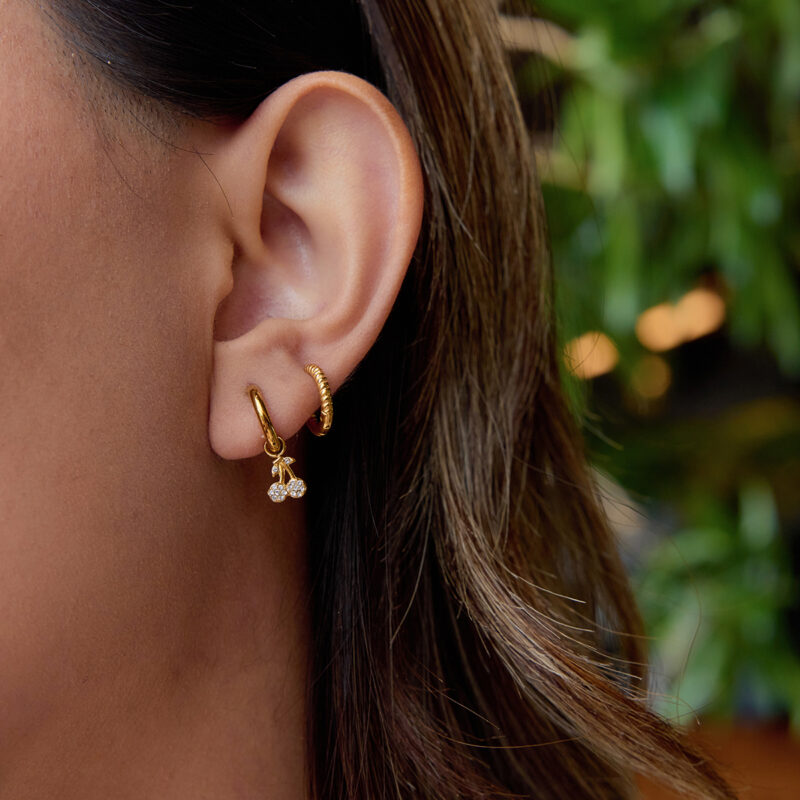 18K Gold Cherry Earrings White Crystal Drop Classic Style - Image 4