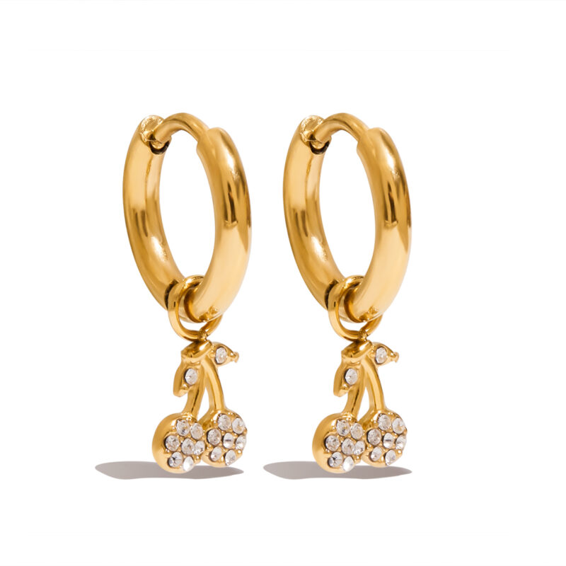 18K Gold Cherry Earrings White Crystal Drop Classic Style