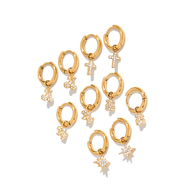 18K Gold Cherry Earrings White Crystal Drop Classic Style - Image 6