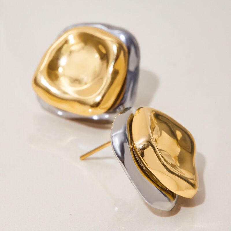 18K Gold Silver Square Earrings Minimalist Front Back Design - Image 2
