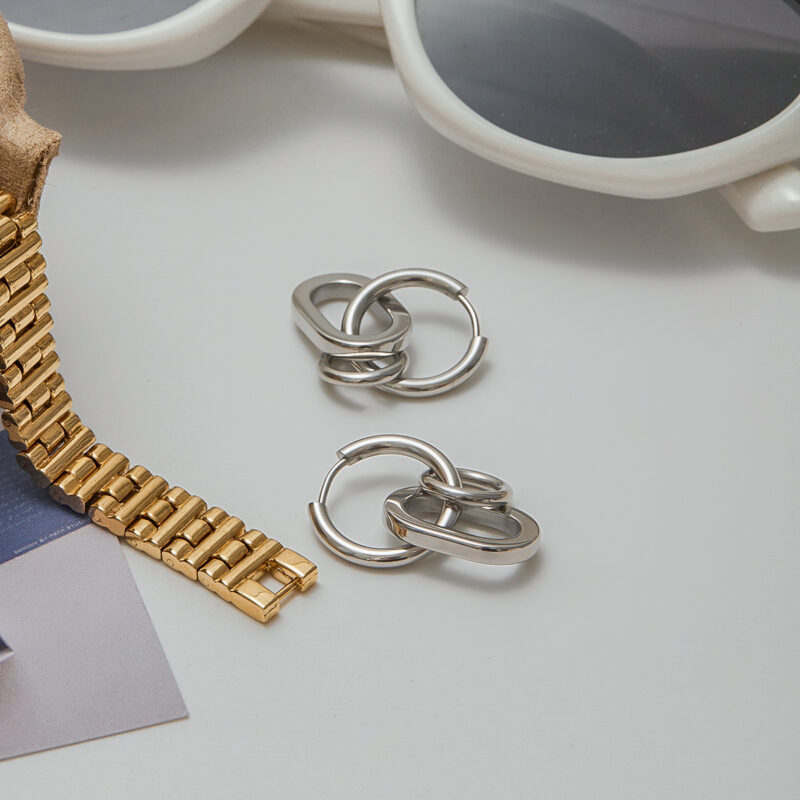 Steel Hoop Earrings Round Oval Minimalist Geometric Style - Image 2