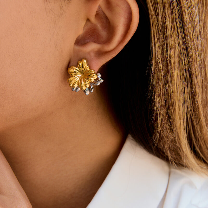 18K Gold Silver Flower Earrings Minimalist Double Sided Design - Image 4