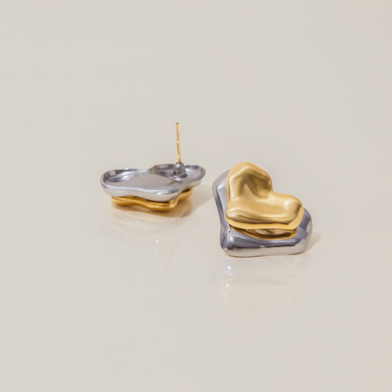 18K Gold Silver Heart Earrings Minimalist Double Sided Design - Image 2