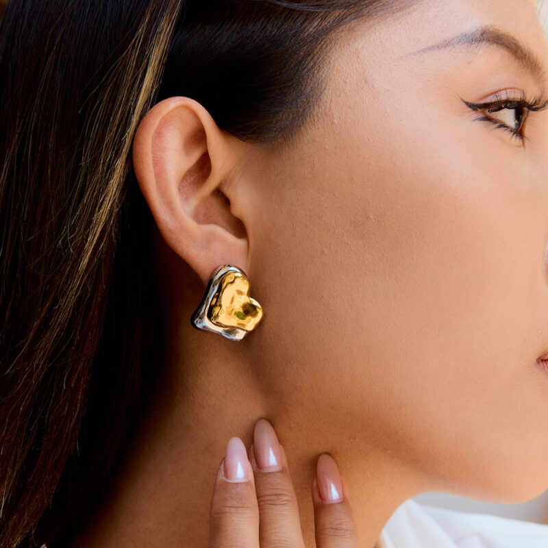 18K Gold Silver Heart Earrings Minimalist Double Sided Design - Image 4